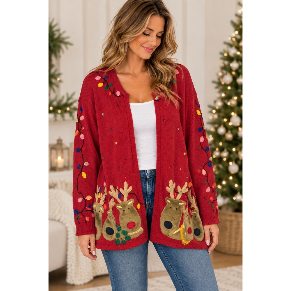 Heirloom Collectibles Christmas Cardigan Women 1X Reindeer Applique Holiday Y2K